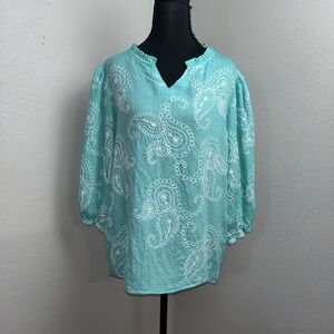 Sapphire Blouse Women's XL Teal Paisley Embroidered Boho Peasant‎ Sleeve Artsy
